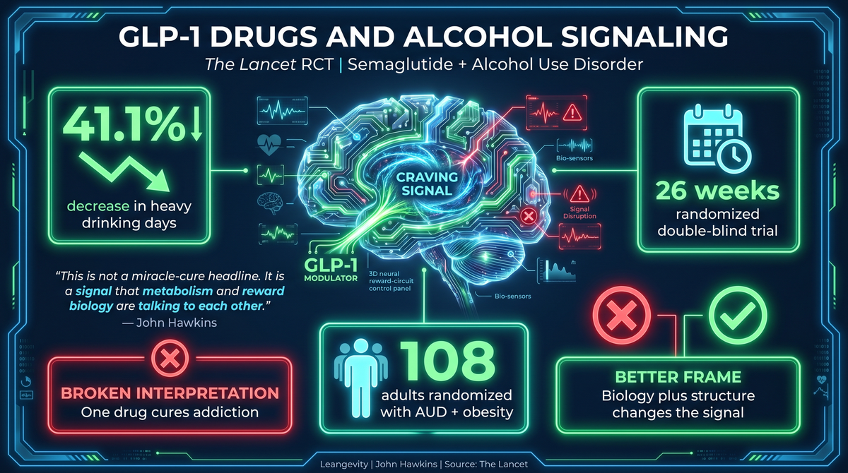 Cyberpunk medical infographic showing GLP-1 reward signaling, semaglutide data, and alcohol use disorder research