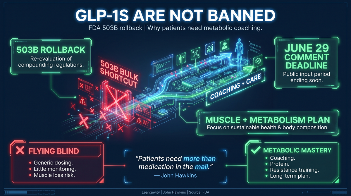Leangevity infographic explaining FDA 503B GLP-1 compounding rollback and why patients need metabolic coaching