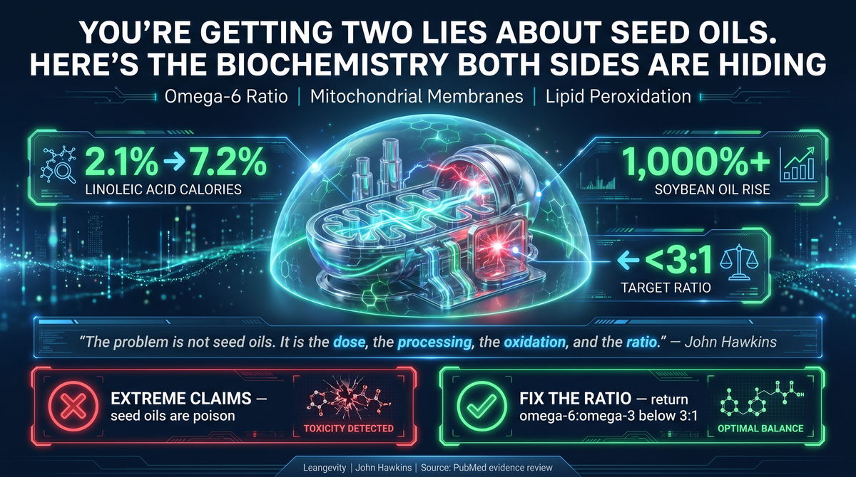 Seed oils infographic showing omega-6 ratio, linoleic acid rise, mitochondrial membrane stress, and balanced metabolic health guidance.