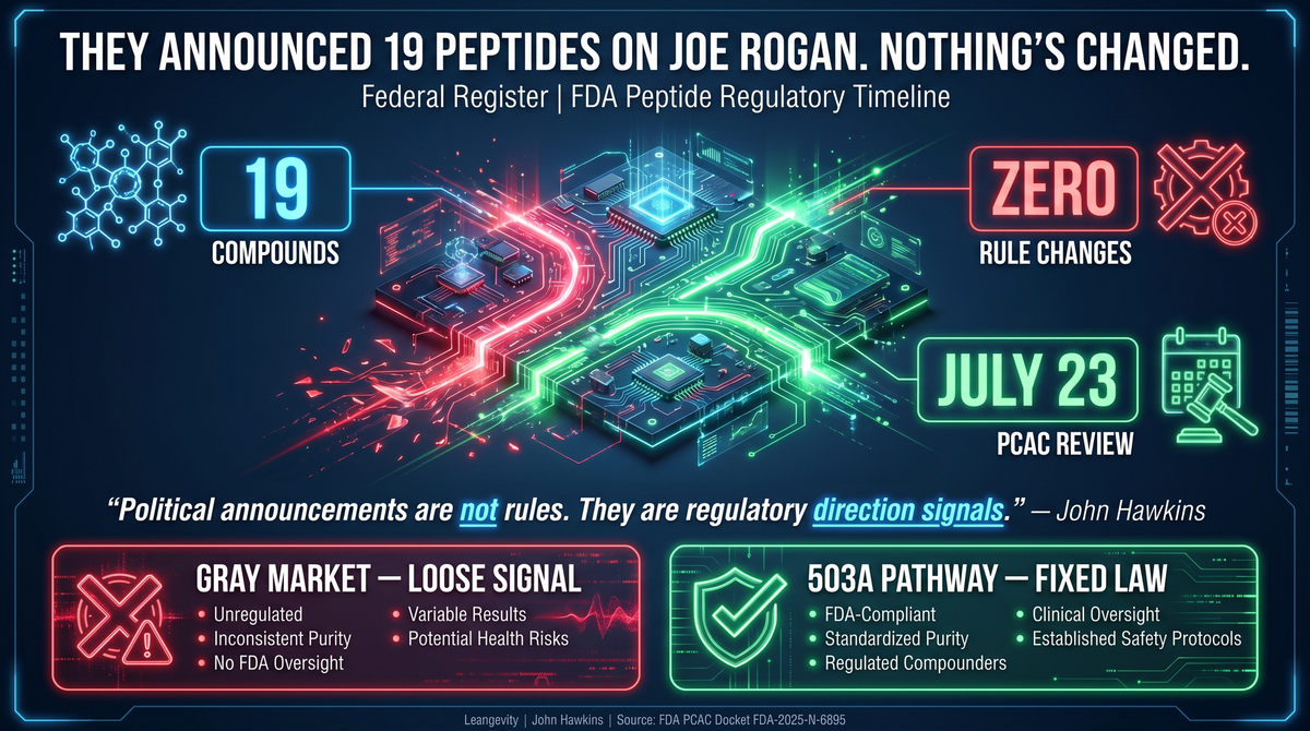 Futuristic FDA peptide timeline HUD showing 19 compounds, zero rule changes, and the July 23 PCAC review date.