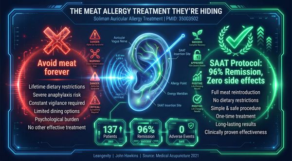 Medical infographic showing tick bite alpha-gal syndrome mechanism with SAAT auricular treatment and 96% remission data