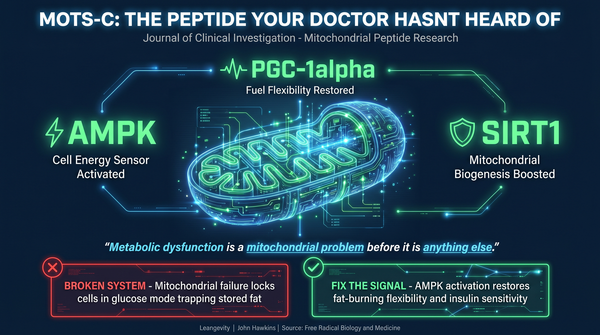 MOTS-c mitochondrial peptide infographic showing AMPK activation pathway with SIRT1 and PGC-1a signaling nodes