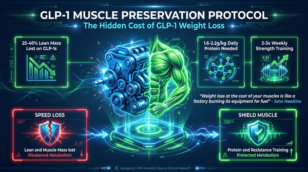 Futuristic HUD infographic showing GLP-1 muscle preservation protocol with glowing engine-muscle metaphor, protein intake needs, and resistance training benefits