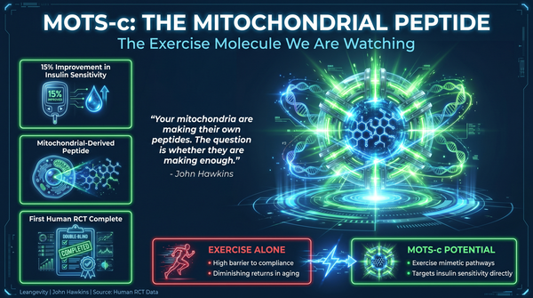 Futuristic glowing mitochondrial energy core with orbiting DNA helices showing MOTS-c peptide mechanism for insulin sensitivity