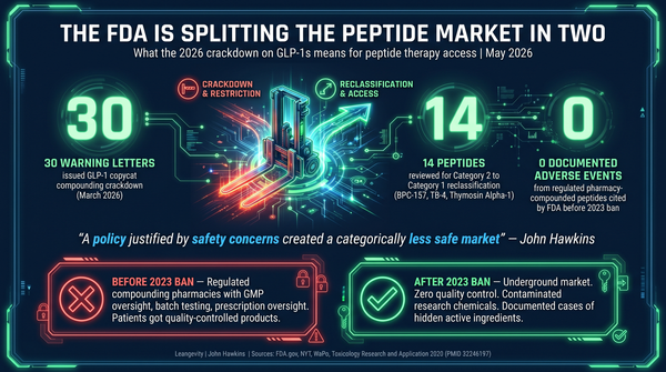 FDA infographic showing peptide market bifurcation: 30 GLP-1 crackdown warning letters vs 14 peptides being reviewed for reclassification
