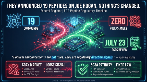 Futuristic FDA peptide timeline HUD showing 19 compounds, zero rule changes, and the July 23 PCAC review date.