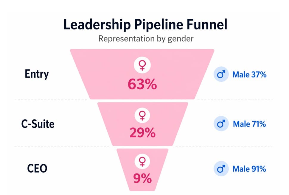 Funnel chart titled “Leadership Pipeline Funnel, Representation by gender” showing women at 63% of entry-level roles, 29% of C-suite roles, and 9% of CEO roles, with men at 37%, 71%, and 91% respectively.