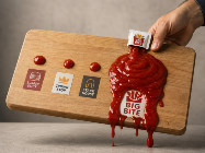 Realistic image of a wooden cutting board held at an angle by a man’s hand. Three small ketchup blobs sit beside fictional competitor burger-chain logos, while a much larger ketchup packet on the right spills a large red mass over its own logo area and drips down the board.