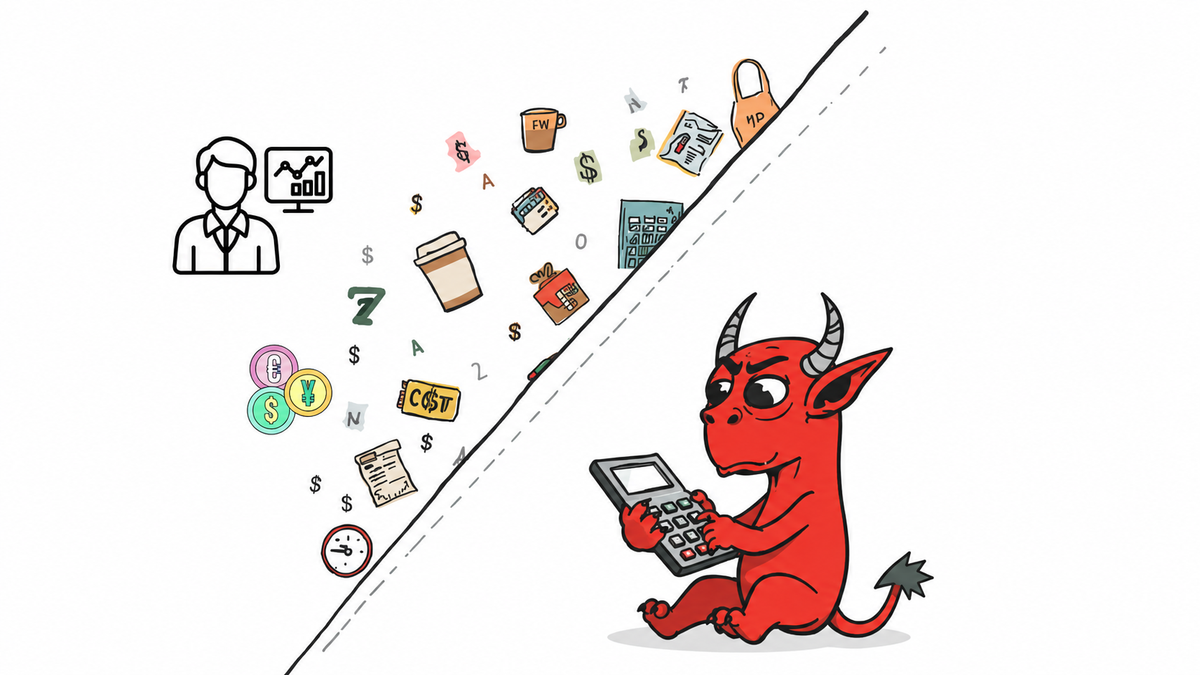 Editorial illustration of a dRed cartoon demon holding a calculator, representing how the wrong denominator distorts cost analysis.