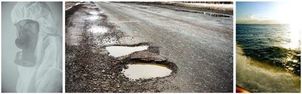 Three-panel montage: left, person in protective suit with respirator; center, road with two water-filled potholes; right, sunlit ocean waves with surface glare.