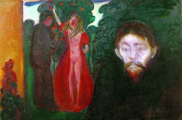 Expressionist painting of a pale, troubled figure in the foreground, with a man and woman standing together in the background.