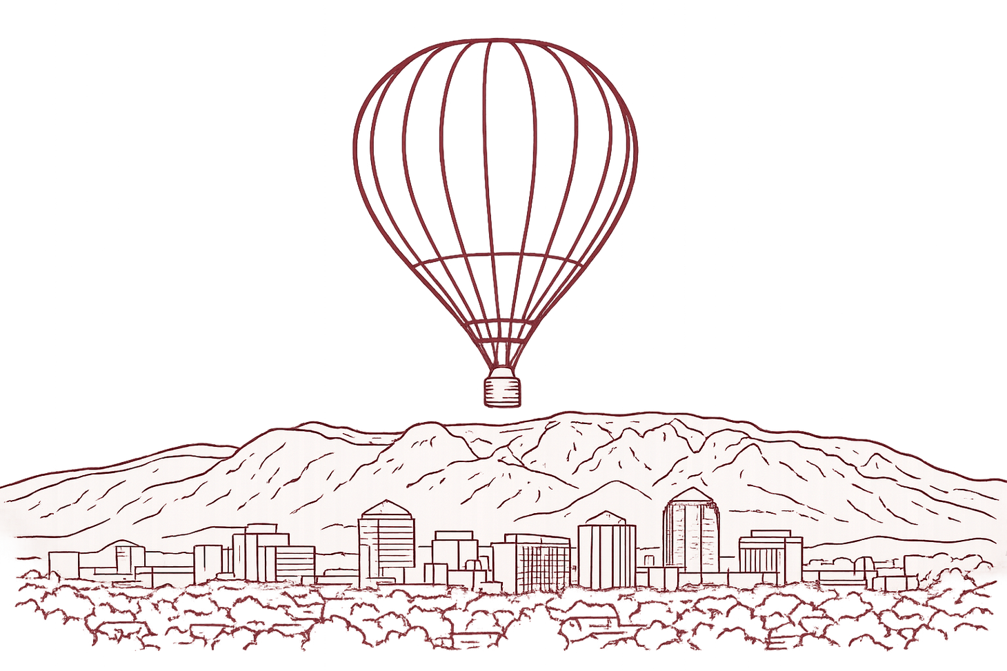 Line drawing of a hot air balloon over Albuquerque, New Mexico.