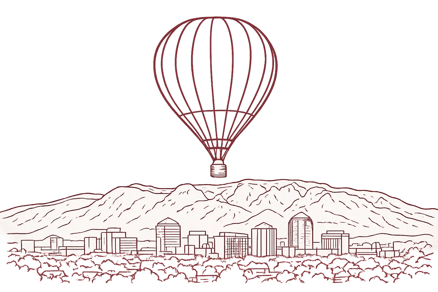 Line drawing of a hot air balloon over Albuquerque, New Mexico.