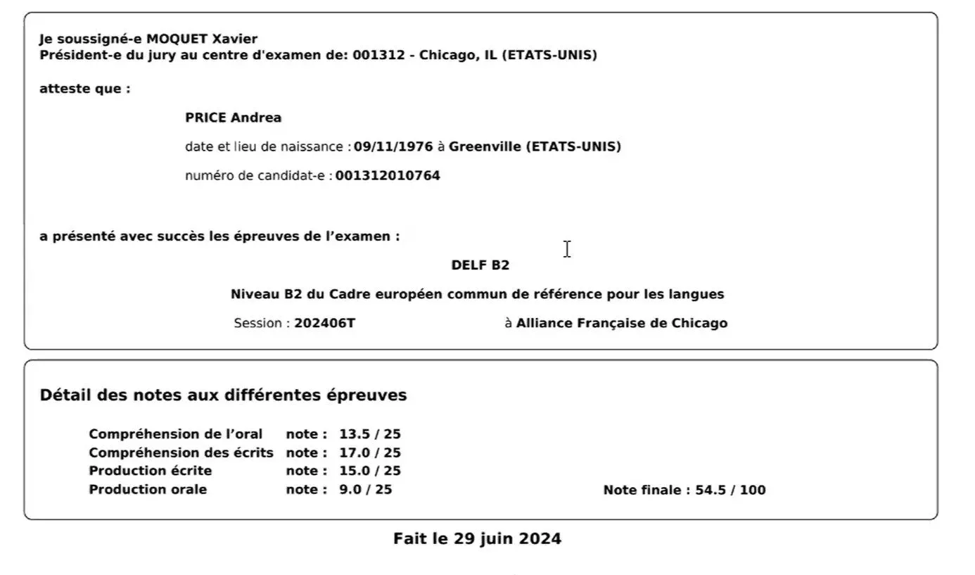 A copy of Andrea's B2 French test score with results for oral, written, reading and writing comprehension