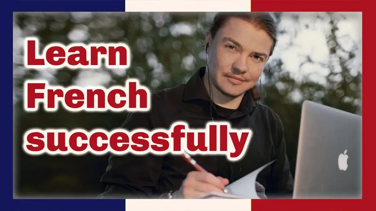 A portrait of Angel Pretot, sitting in nature with his laptop, looking at the camera and using a pen and notebook with his right hand. The words Learn French successfully in red outlined in white at left