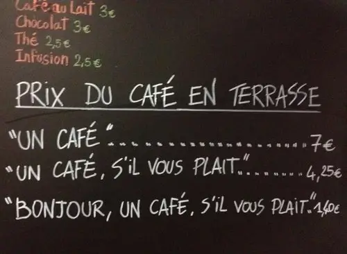 A photo of a chalkboard menu in French, showing lower prices for more polite requests