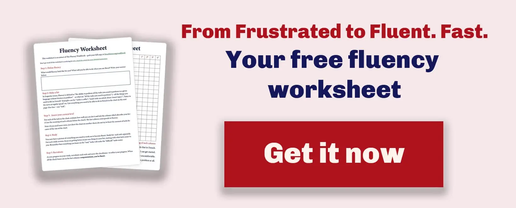A banner offering to download the French fluency worksheet for free, with a visual of the 2-page worksheet on the left and a red button.