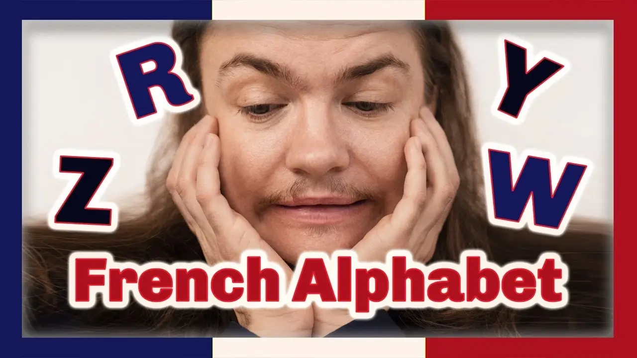 Angel Pretot holds his chin in his hands, looking down, the words French Alphabet at the bottom in red outlined in white, the letters Z R Y W scattered on either side
