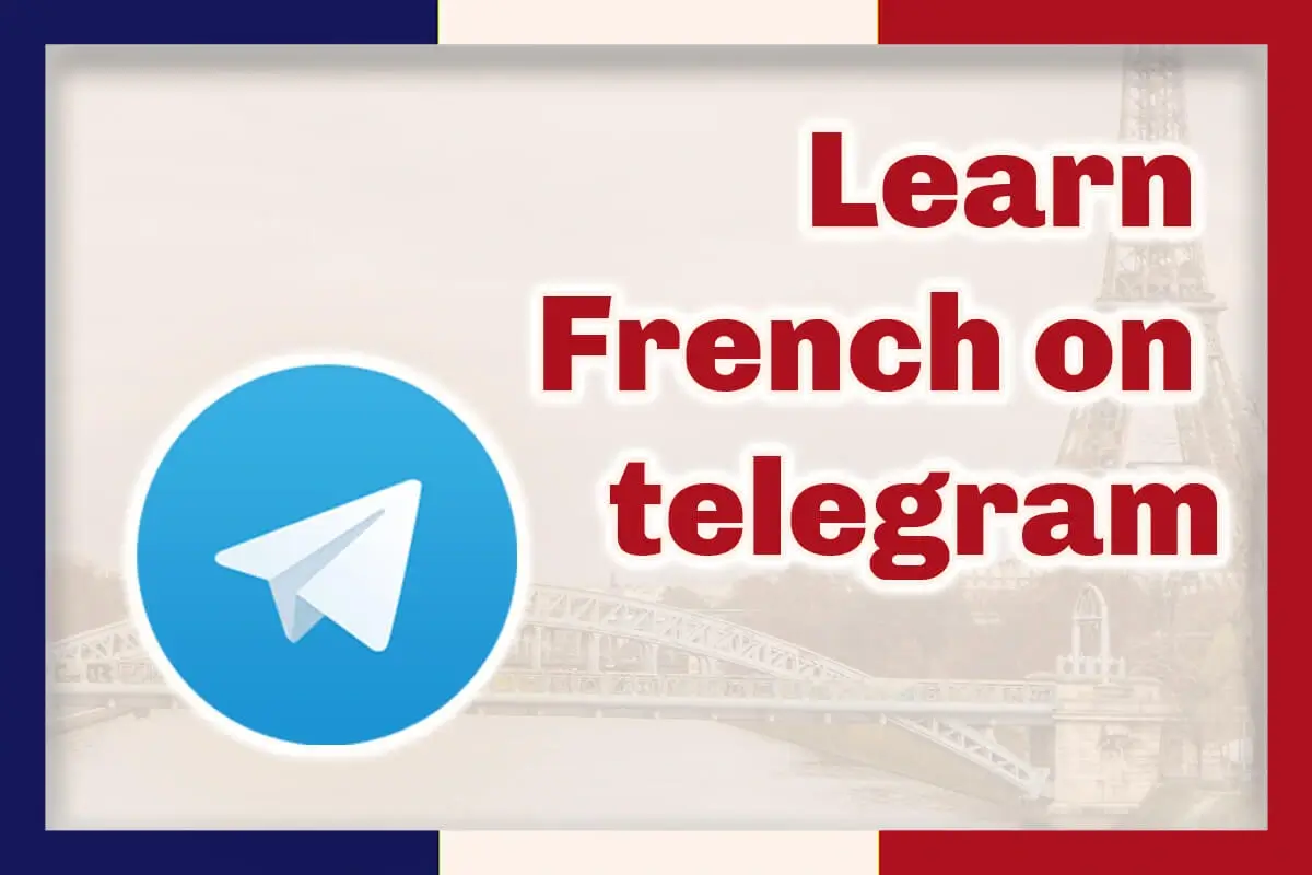 The Telegram logo at left with the words Learn French on telegram at right in red outlined in white