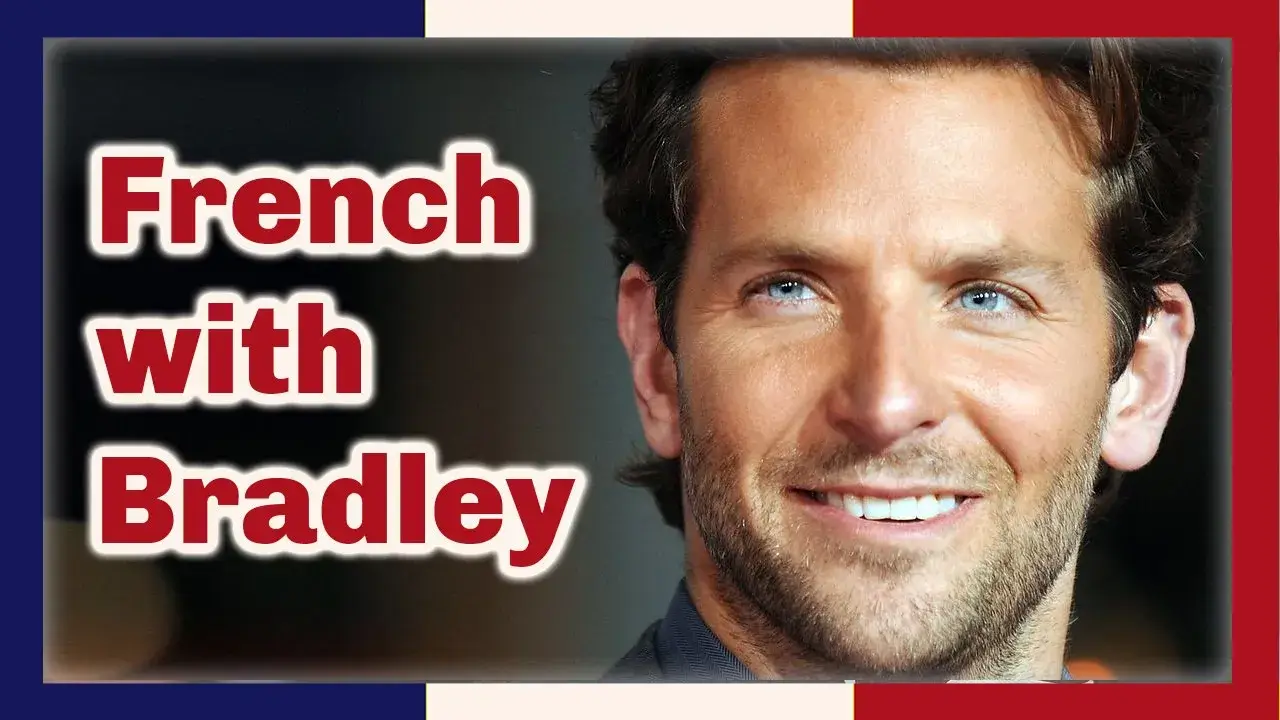 Actor Bradley Cooper looks at the camera, smiling.  The words French with Bradley in red outlined in white at left