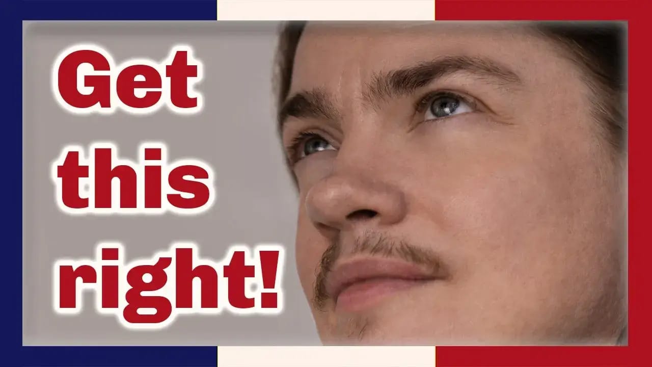 A tight three-quarter portrait of Angel Pretot looking up, the words Get this right! in red outlined in white at left