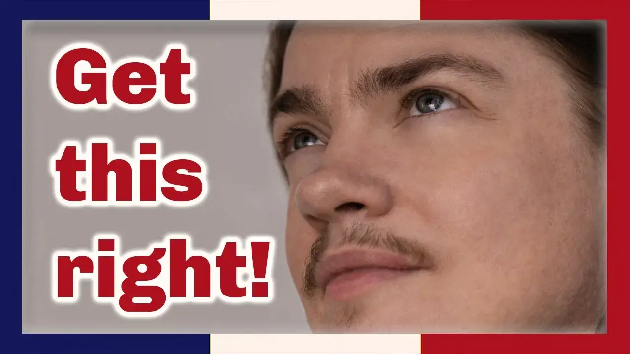 a tight three-quarter portrait of Angel Pretot looking up, the words Get this right! in red outlined in white at left