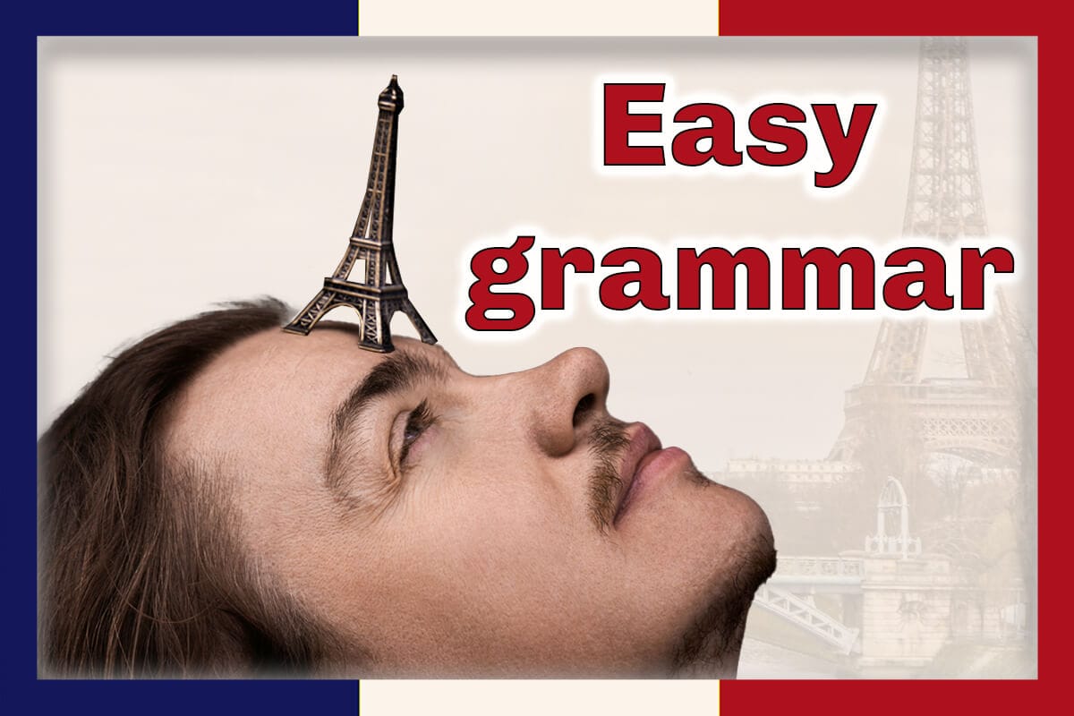A tight side portrait of Angel Pretot, head tipped back, balancing a toy Eiffel Tower on his forehead.  The words Easy grammar at top right in red outlined in white