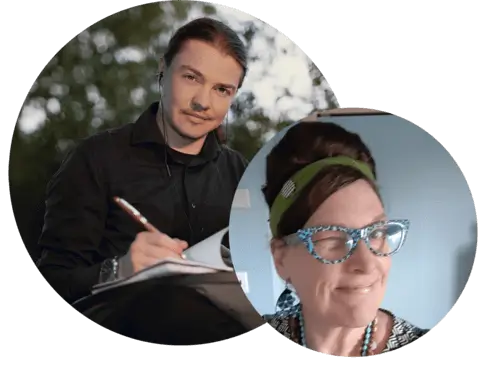 Two portraits of Angel Pretot and Linda Unger in circle shaped images. They are smiling and looking at the camera.