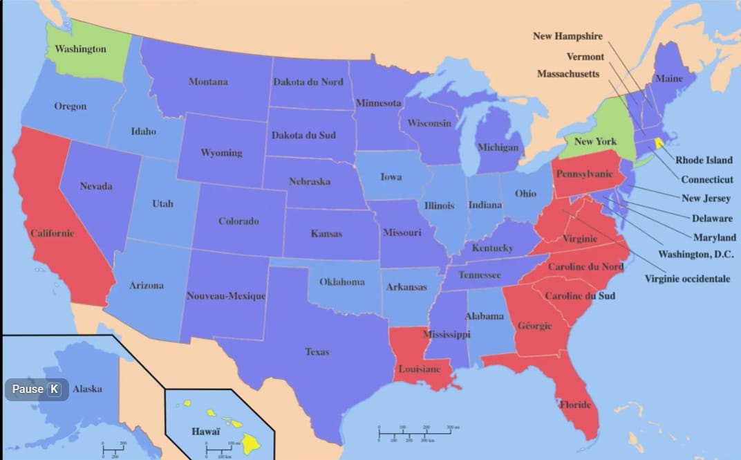 A map of the US featuring five colors