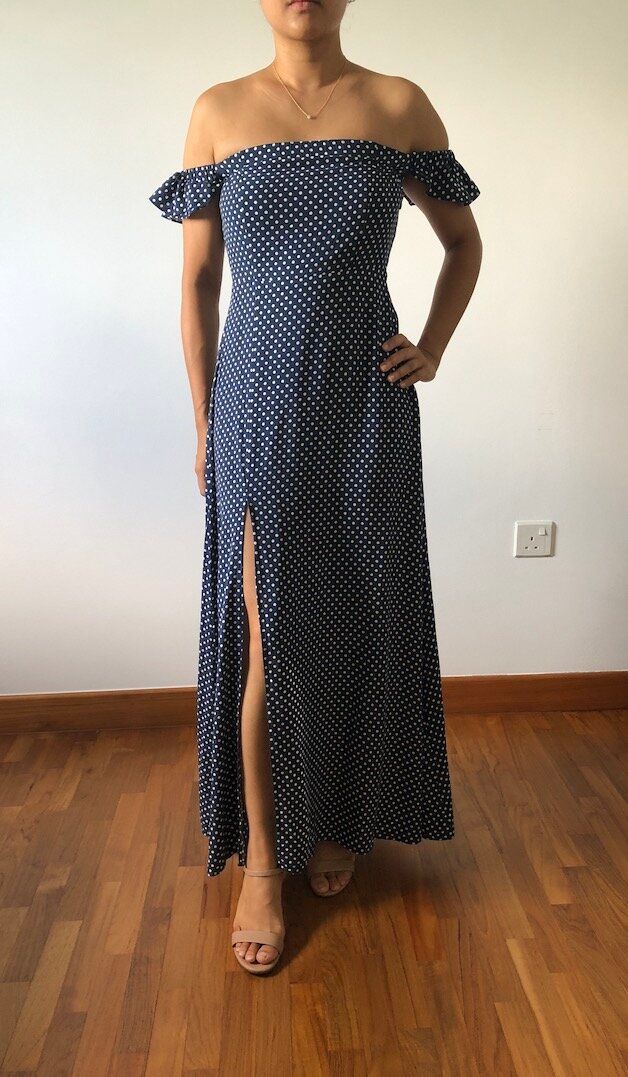 Lulu's Review: Blue Polka Dot Off-The-Shoulder Dress