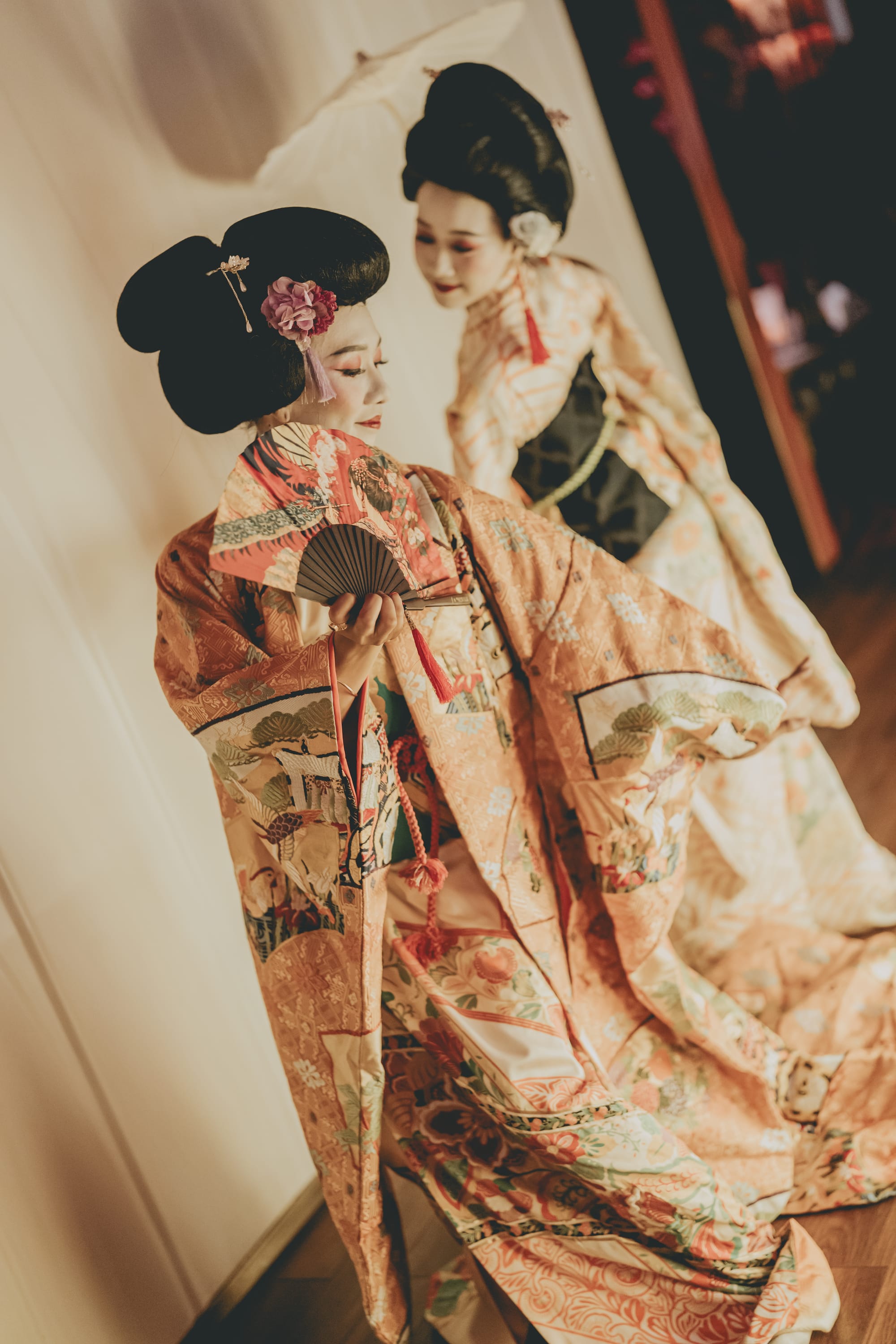 Geisha-style fan dancers performing between courses at MATSURI, the annual Japanese-themed night at Miss Fish Canggu