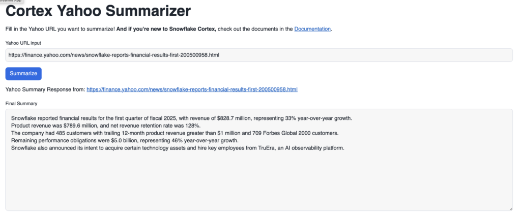 Streamlit Cortex Yahoo Summarizer