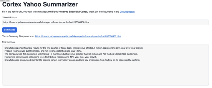 Summarize Snowflake Earnings for Fiscal Q1-2025 with Cortex