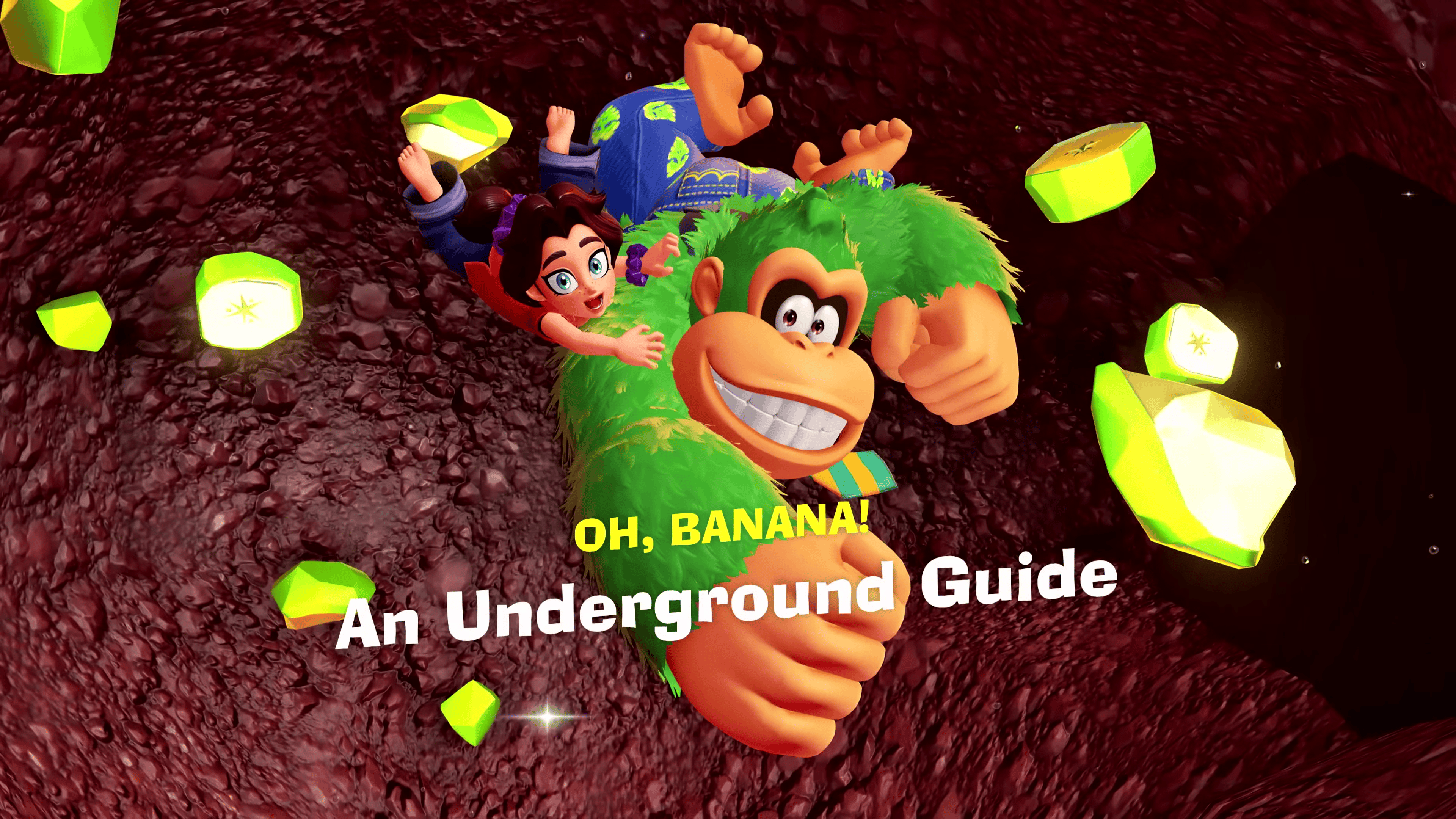 Screenshot from “Donkey Kong Bananza” showing Donkey Kong leaping mid-air through a jungle environment filled with bananas and platforms. The game’s vibrant art style emphasizes playful action and tropical scenery.