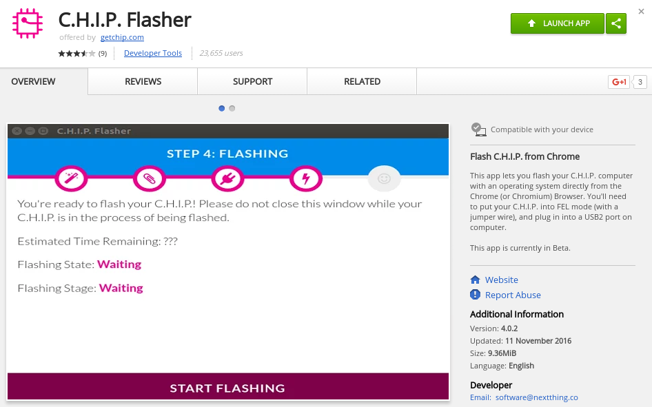 CHIP Flasher Plugin window - flashing hardware from the web
