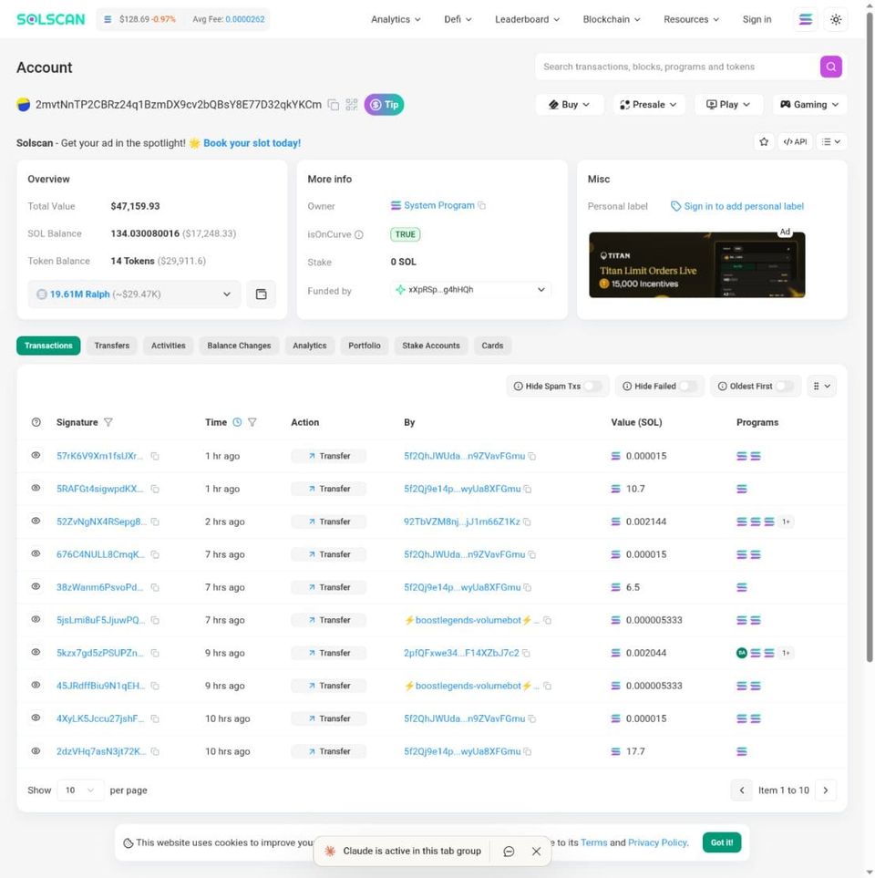 Screenshot showing boostlegends-volumebot wallet label on Solscan