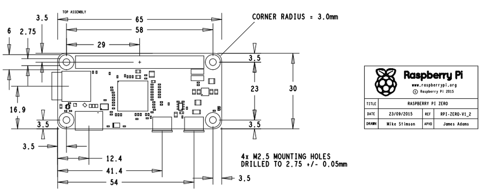 Raspberry Pi Zero mechanical diagram showing USB micro ports