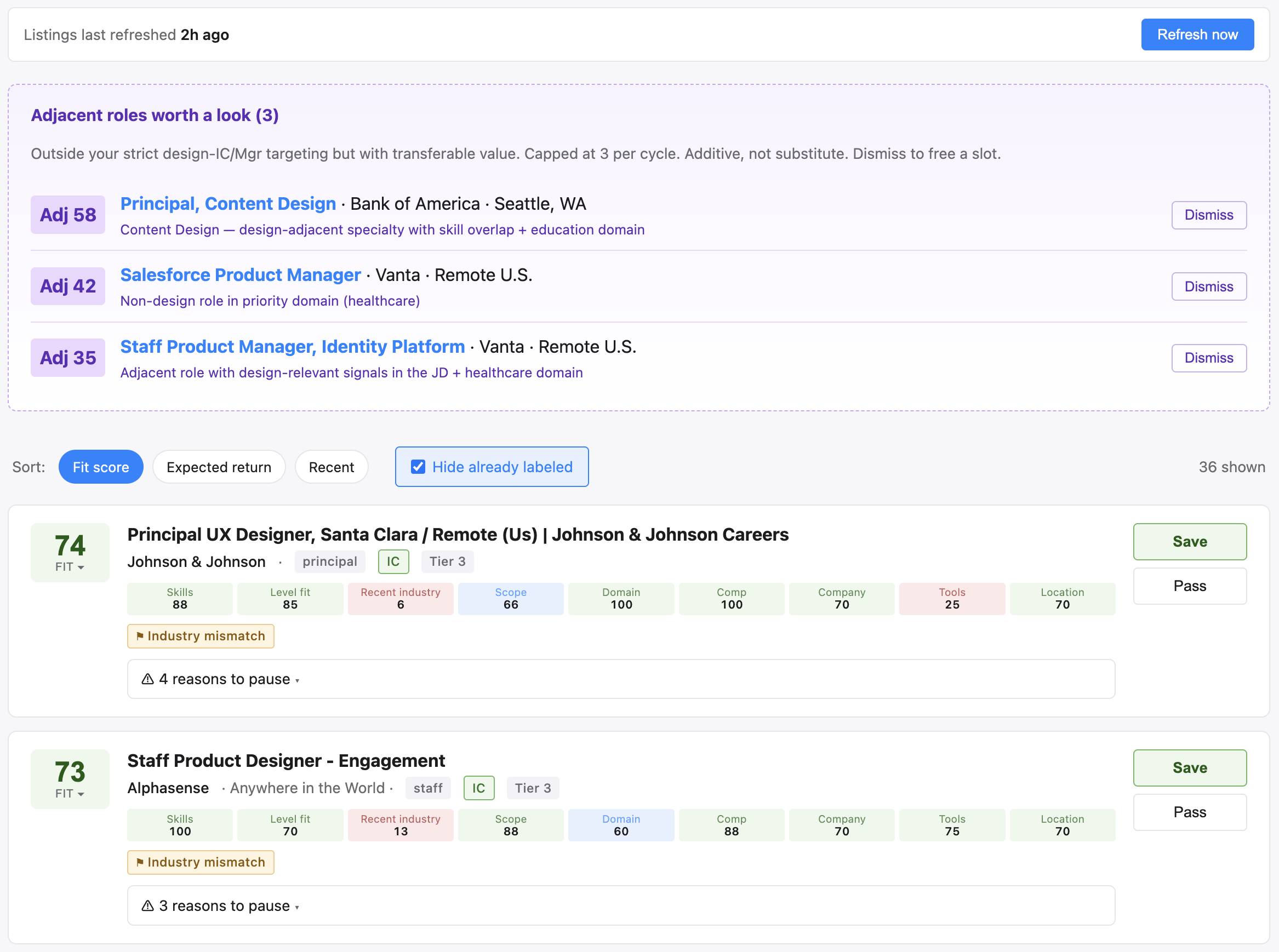 A screenshot of a jobs dashboard showing data like "Fit score" for individual roles as well as adjacent roles that match beyond my specific domain.