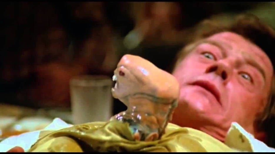 In the movie Spaceballs, John Hurt looks down in alarm to see another xenomorph bursting out of his chest.