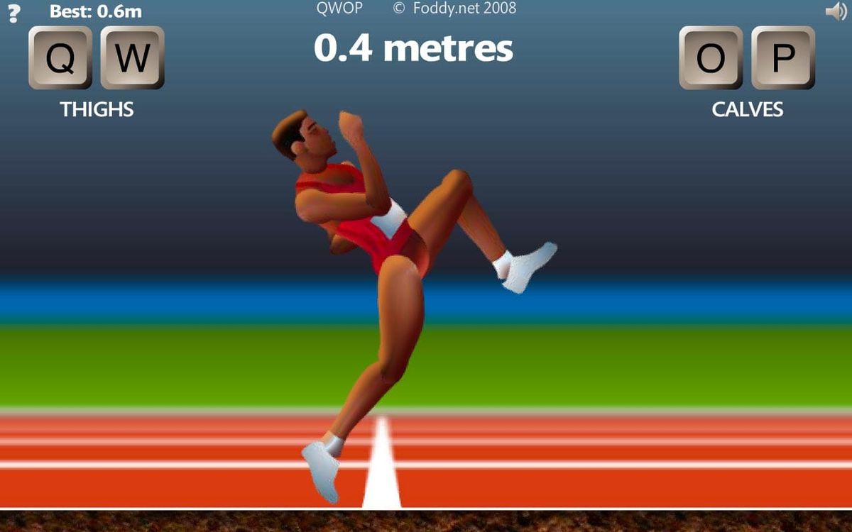 A screen capture of a Flash game called QWOP where inscrutable keyboard controls are used to control a runner.eved and falling on your face is common.