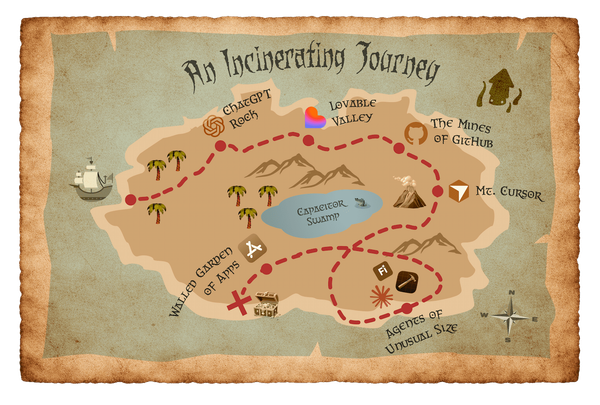 A treasure map illustrating the path through numerous AI tools that I used to develop and ship a native iOS app.
