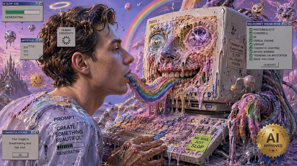 A disturbingly goopy and anthropomorphized computer with a toothy grin, rainbow tongue, and goblin hands influences the person sitting in front of it.