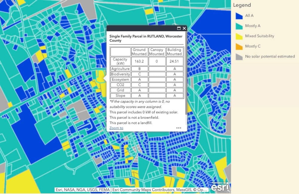 Esta captura de pantalla muestra lo que ves cuando haces clic en una parcela en la herramienta de mapeo. El azul oscuro significa que hay un alto potencial, el verde azulado tiene un potencial medio, el amarillo está un paso por debajo y el naranja tiene un potencial bajo. (Cortesía DOER)