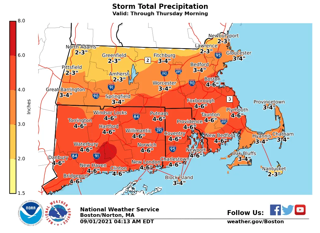 Se esperan lluvias torrenciales en Nueva Inglaterra miércoles y jueves