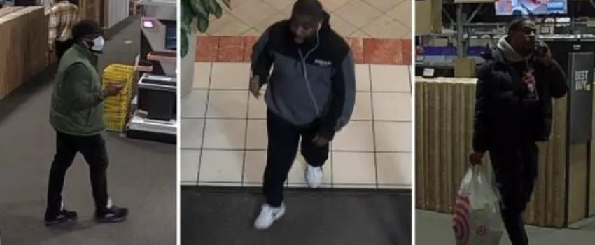 Tres sospechosos que presuntamente robaron 50 relojes Apple de Best Buy en Manchester, N.H. Foto. Manchester Police