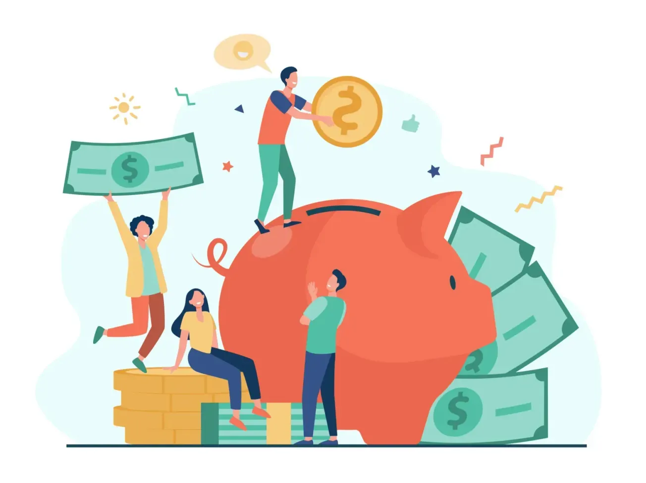 Personajes de dibujos animados que depositan ingresos y dinero en efectivo. Concepto de inversión empresarial, riqueza y fina