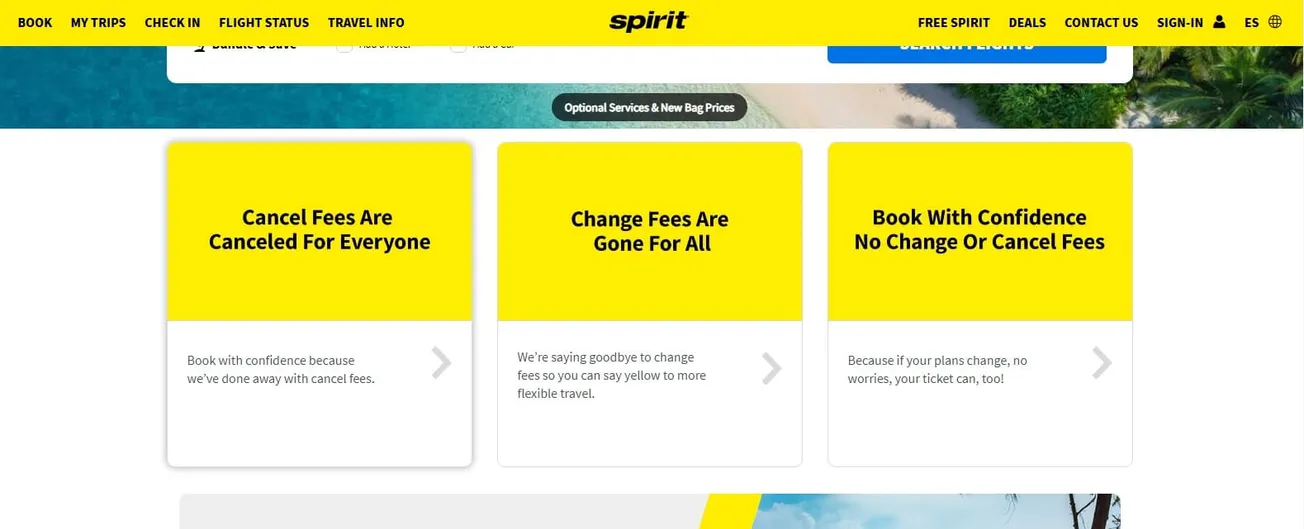Spirit Airlines elimina tarifas de cambio y cancelación
