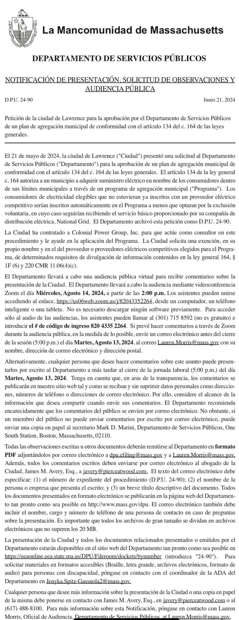 Notificación de Presentación, Solicitud de Observaciones y Audiencia Pública D.P.U. 24-90 Junio 21, 2024