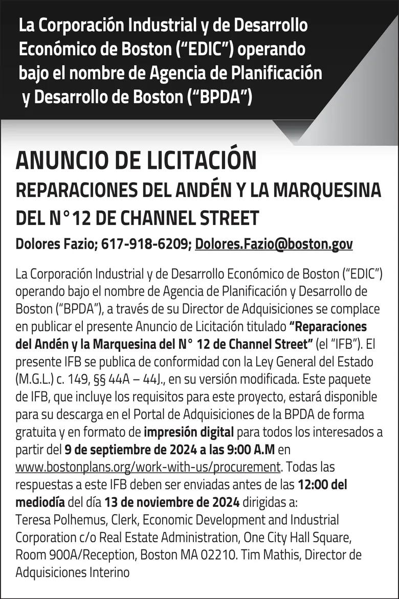 ANUNCIO DE LICITACIÓN REPARACIONES DEL ANDÉN Y LA MARQUESINA DEL N°12 DE CHANNEL STREET