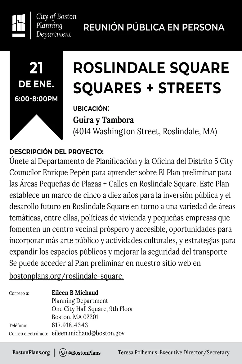 REUNIÓN PÚBLICA EN PERSONA ROSLINDALE SQUARE SQUARES + STREETS